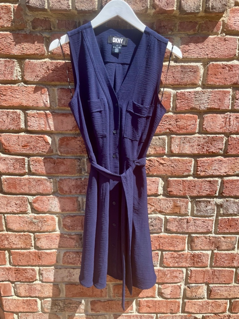 DKNY Navy Textured Sleeveless Shirt Dress with Tie Belt